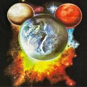 Disney Mickey Mouse Head Outer Space Black Tee Earth Moon Mars Big Bang Cosmic